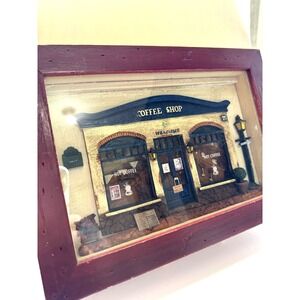 Vintage Coffee Shop Diorama 3D Shadowbox Art Handmade Village Wood Frame Hanging